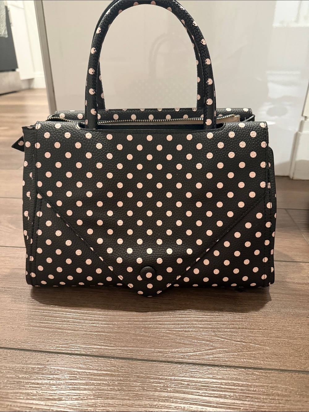 New York & Company Black Satchel with Pink Polka Dots